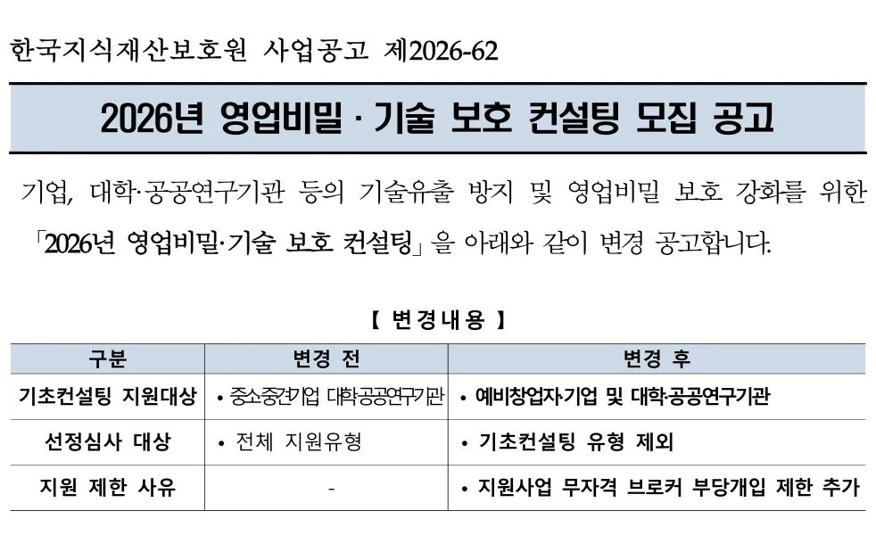 2026년 영업비밀·기술 보호 컨설팅 공식 공고문 발췌